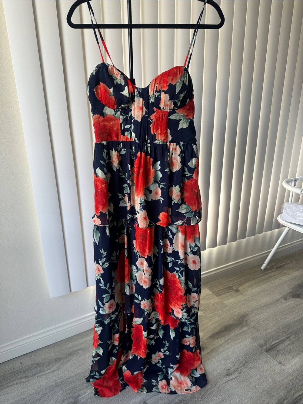 CRYSTAL DOLL - Navy Floral Tiered Maxi Dress with Red Roses